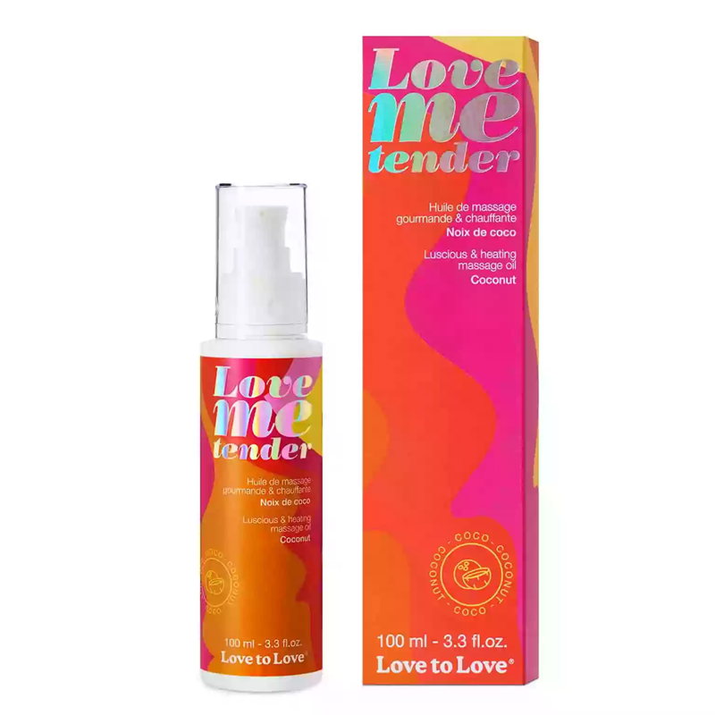 Love to Love coconut warming massage oil bottle and box.