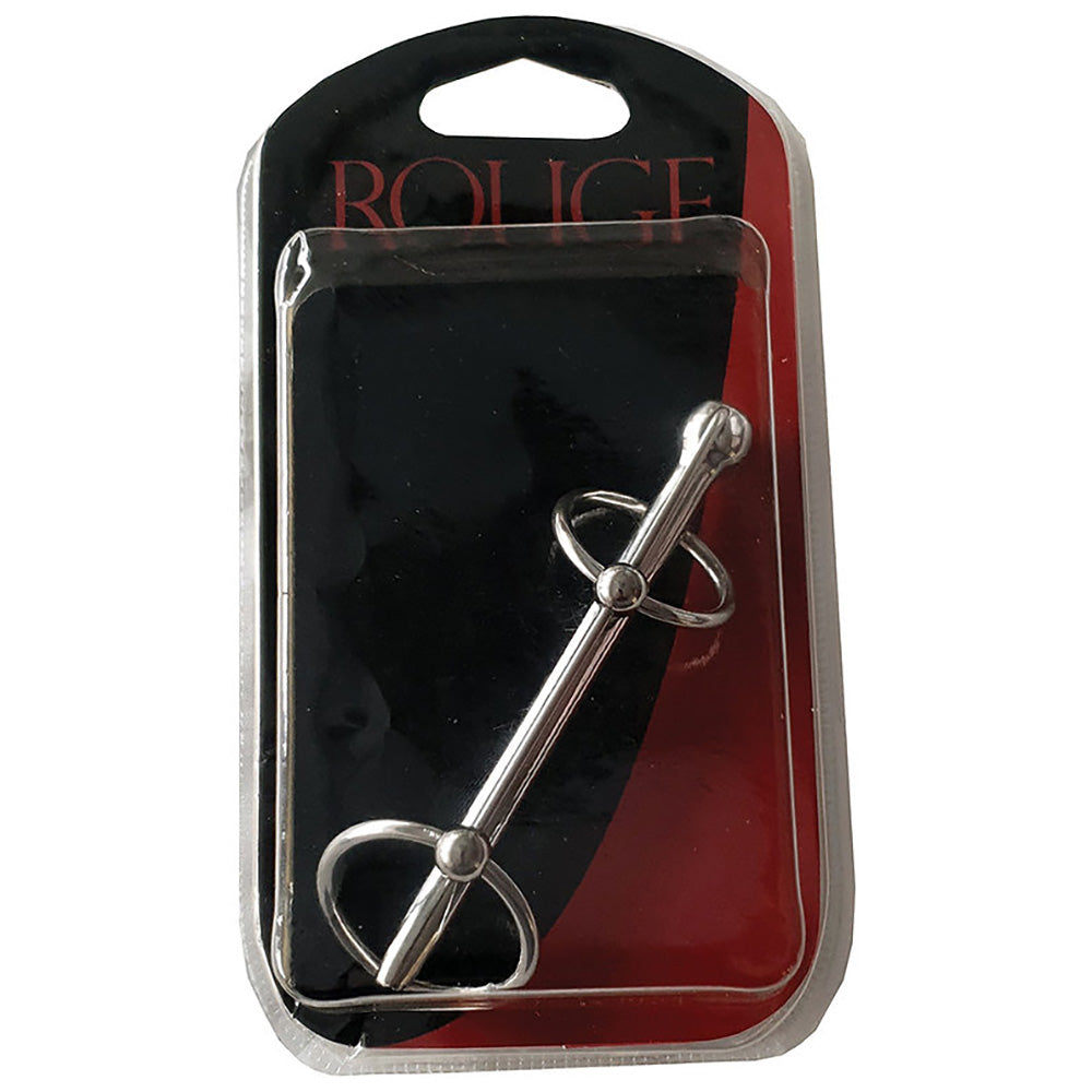 Hollow stainless steel urethral probe with double rings in packaging.