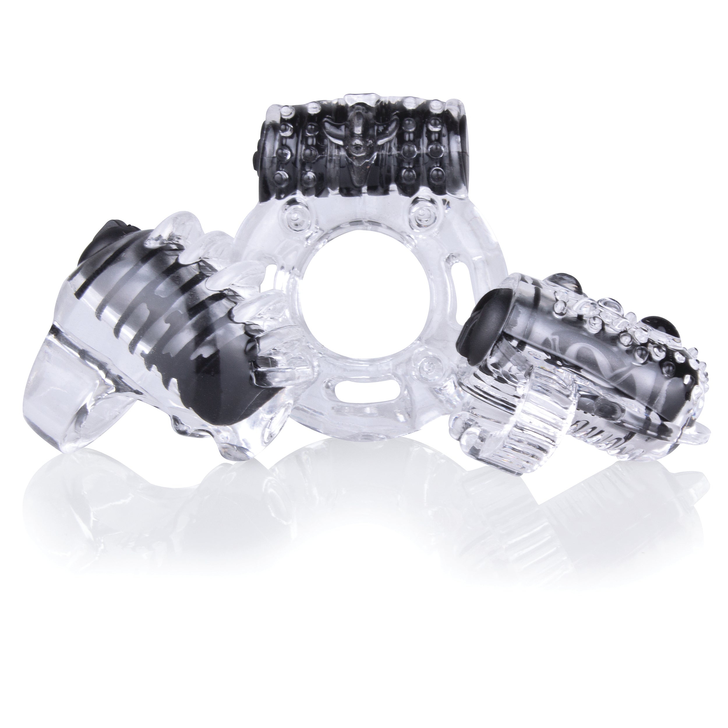 Three clear vibrating rings with black accents on a white background.