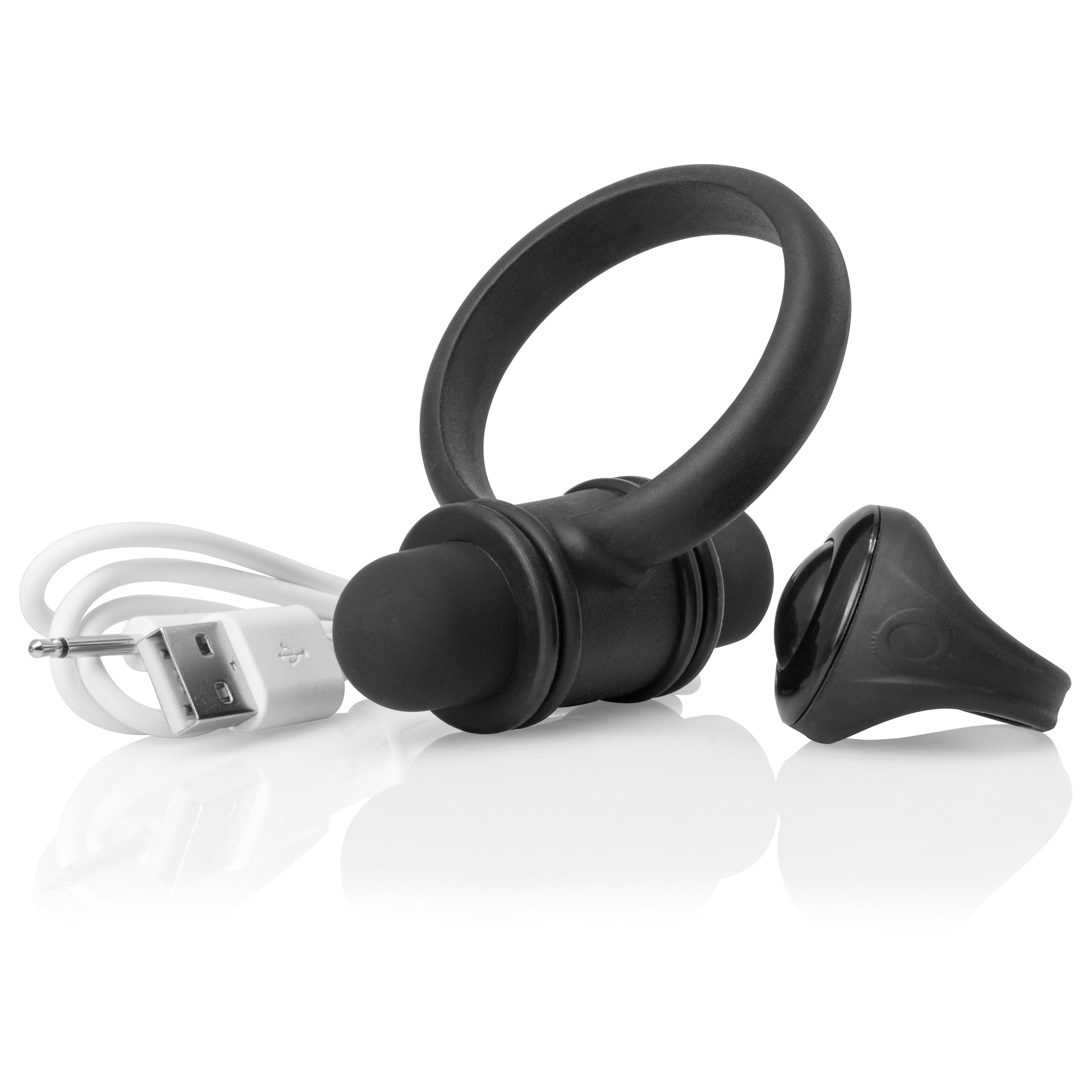 Black rechargeable bullet vibe, ring remote, and USB charging cable.