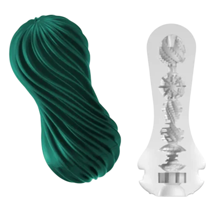 Green reusable spiral stroker with internal textured sleeve.