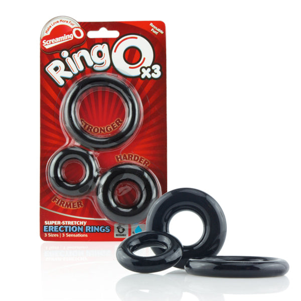 Black stretchy cock rings in three sizes from Screaming O.