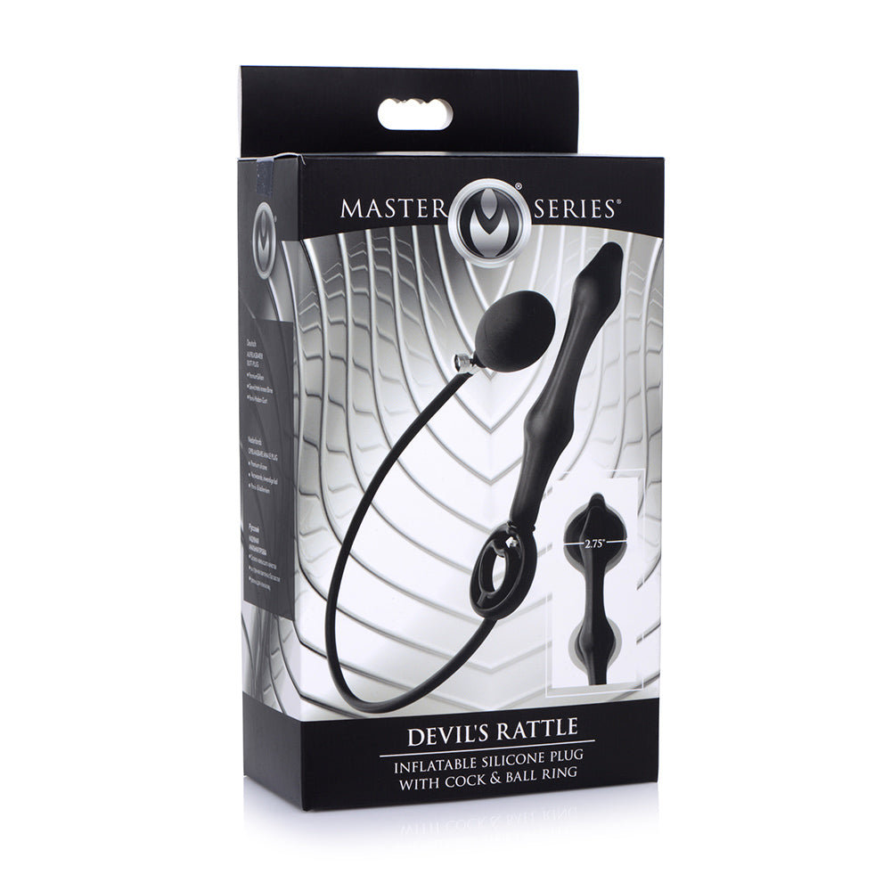 Master Series inflatable silicone anal plug with cock and ball ring.