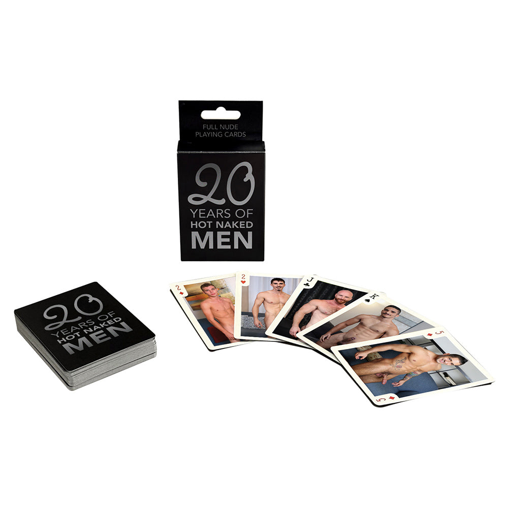 A deck of playing cards featuring nude male images and a box with "20 Years of Hot Naked Men" text.