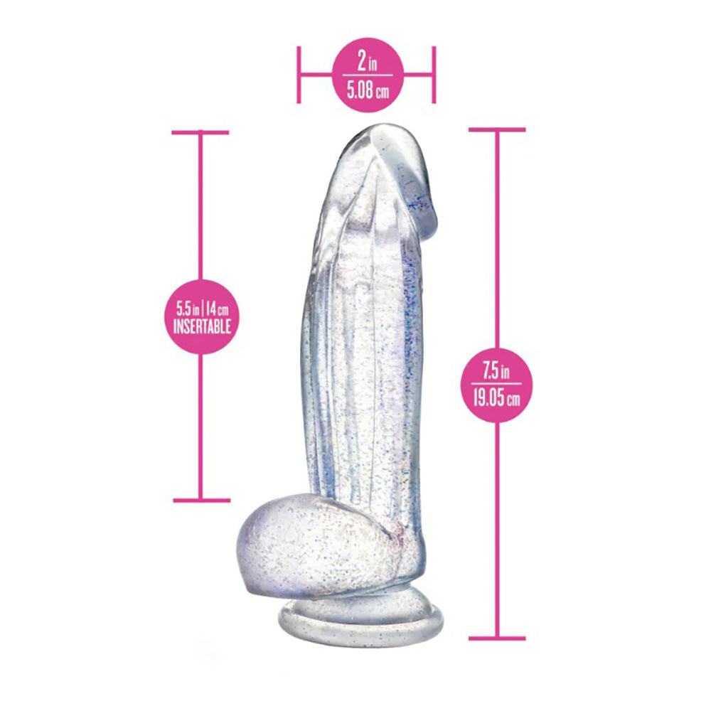 Clear glitter dildo with suction cup and size indicators.