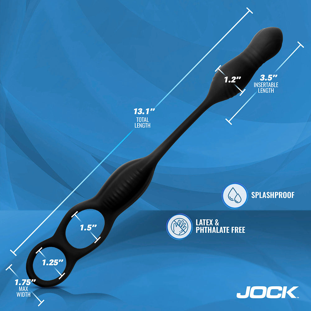 Black anal plug with C-ring, featuring dimensions and material callouts.