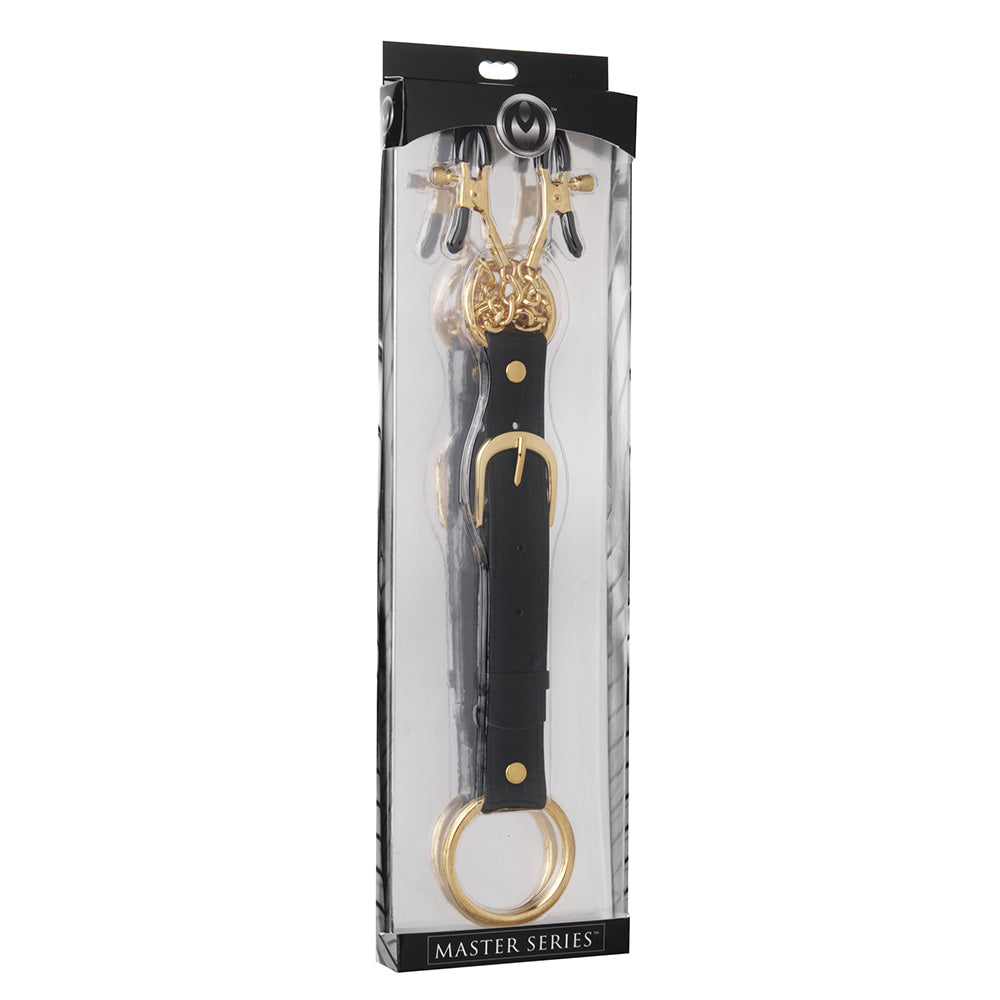 Gold nipple clamps and cock ring set with leather strap.
