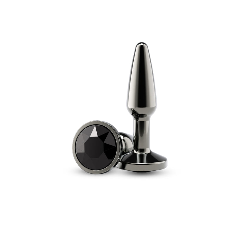 Small gunmetal black tapered aluminum anal plug with a black gem accent.