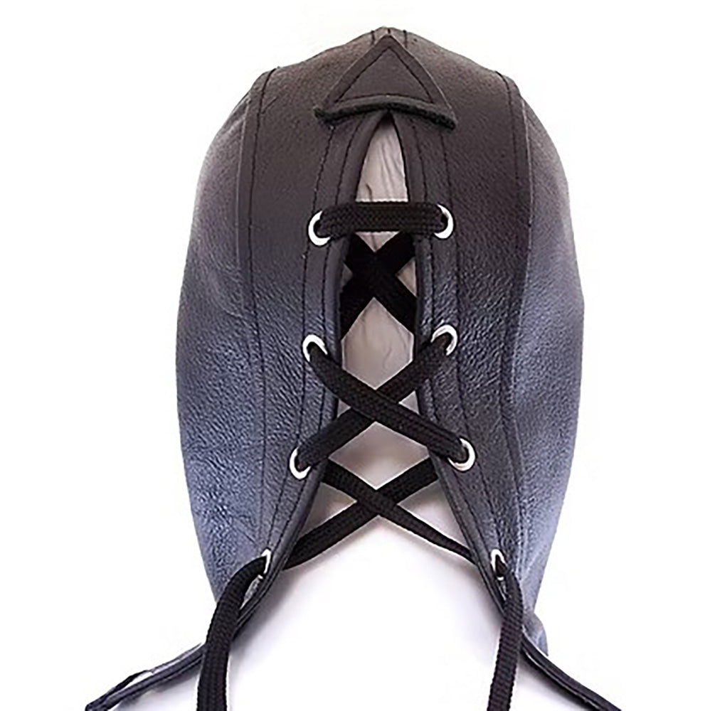 Black stiff leather BDSM hood with lace-up closure and eye openings.