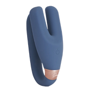 Blue wearable vibrator with rose gold accent and power button.