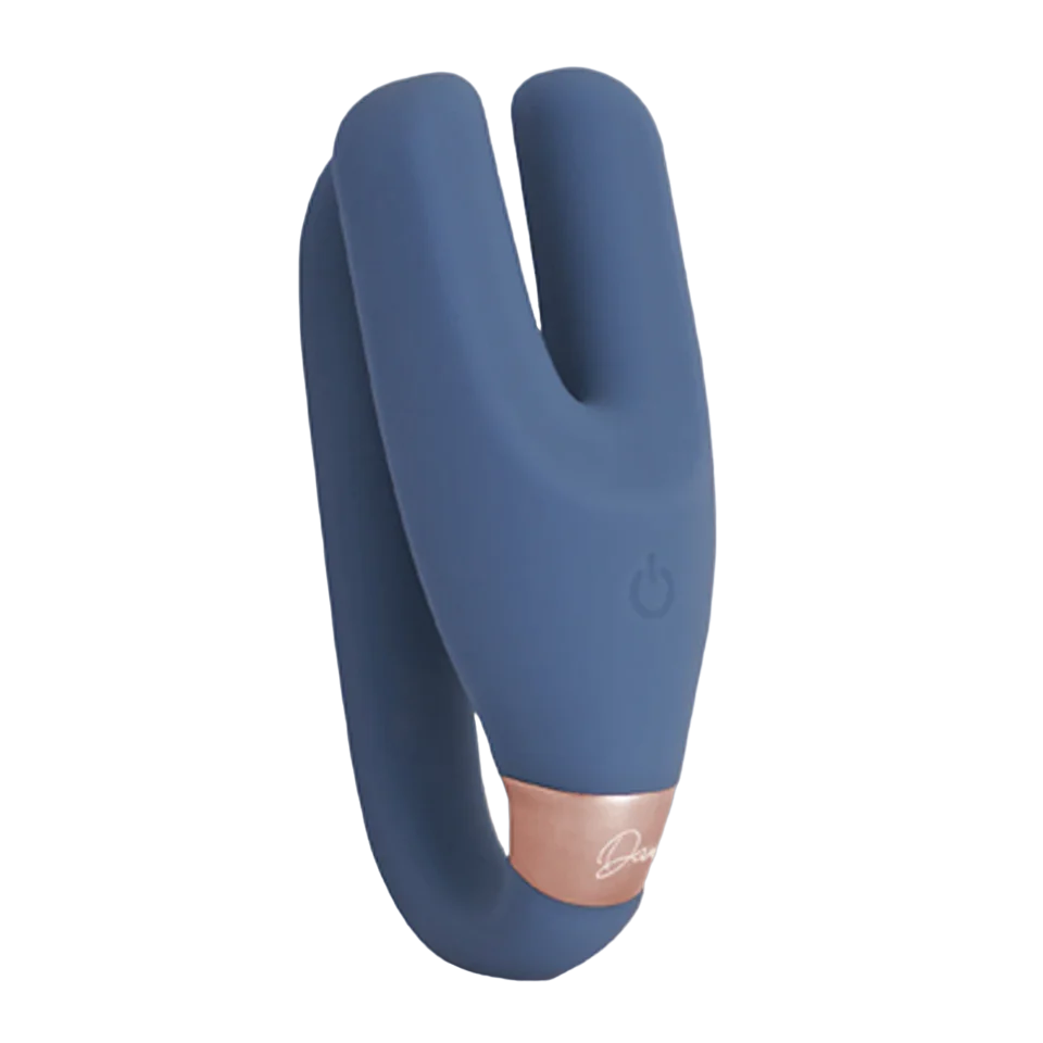 Blue wearable vibrator with rose gold accent and power button.