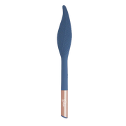 A blue feather-shaped vibrator with a rose gold accent.