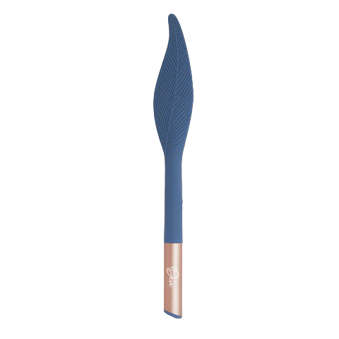 A blue feather-shaped vibrator with a rose gold accent.