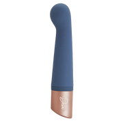 Blue silicone vibrator with a rose gold base and "Deia" logo.