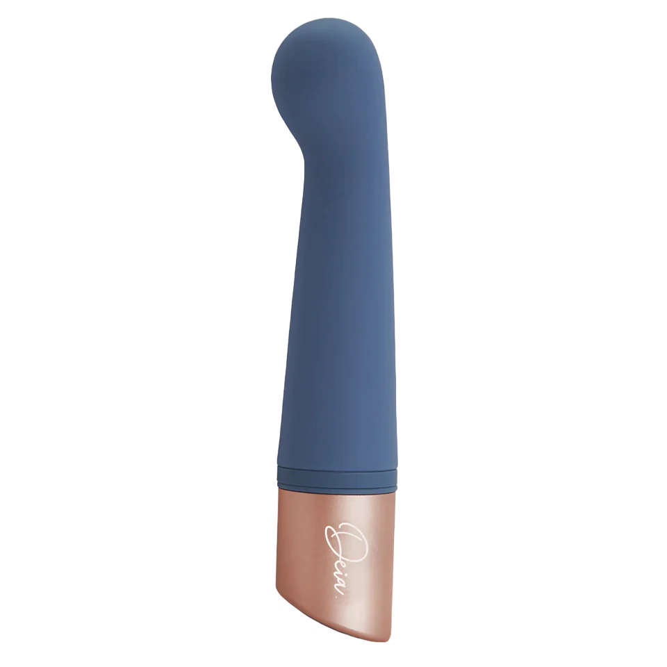Blue silicone vibrator with a rose gold base and "Deia" logo.