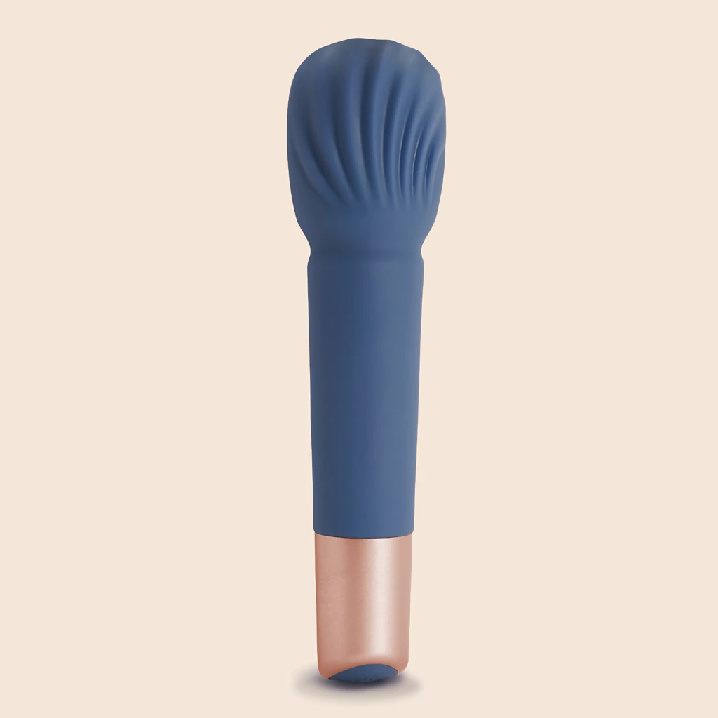 A blue silicone massage wand with a textured head and rose gold base.