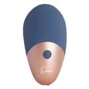 A blue and rose gold rechargeable wand massager with a button and the Deia logo.