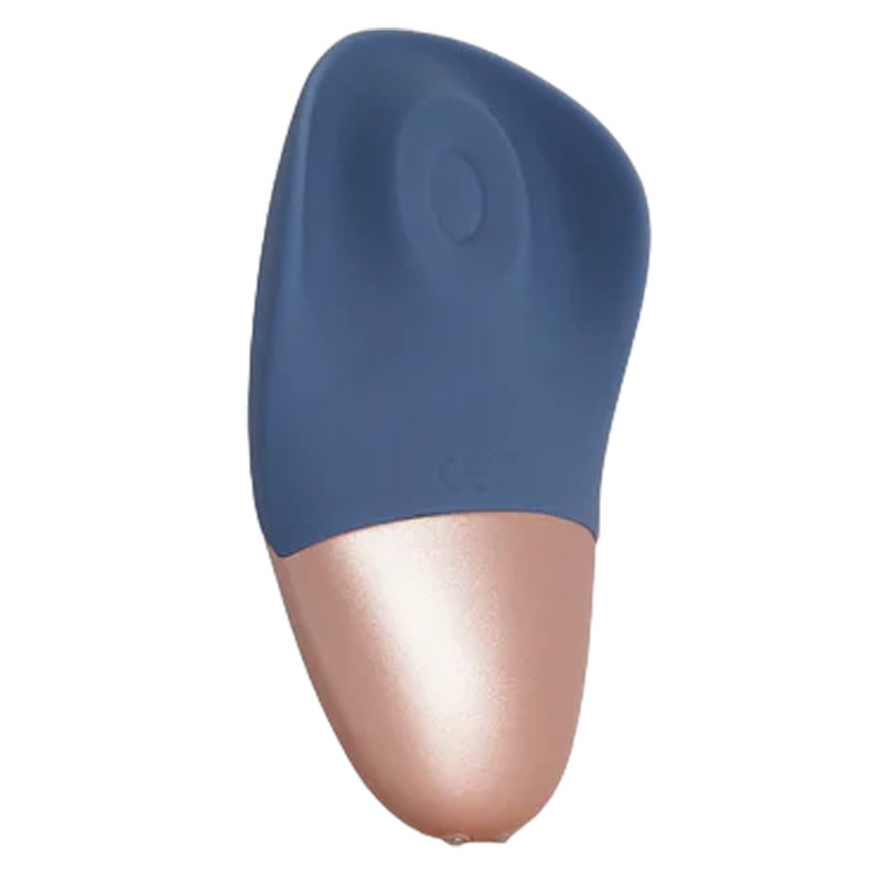 A blue and rose gold rechargeable wand massager with a circular indentation.