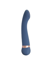A blue vibrating massager with a rose gold band.