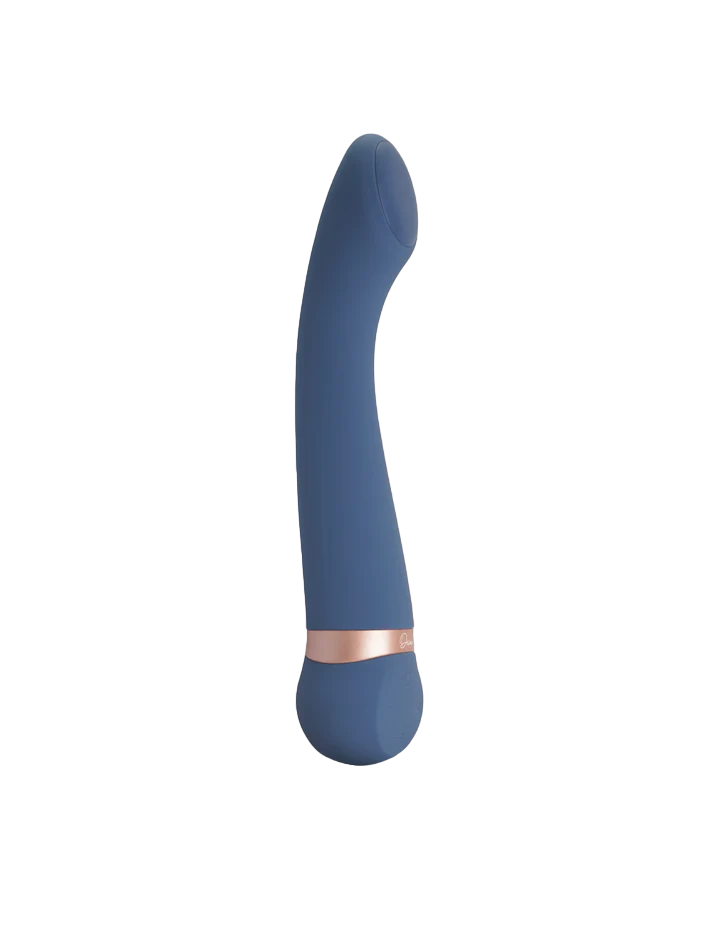 A blue vibrating massager with a rose gold band.