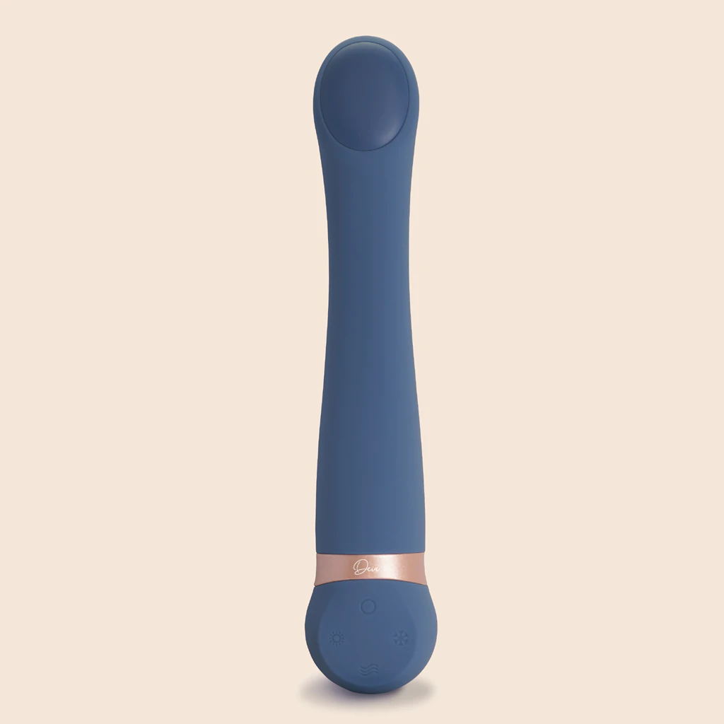 A blue vibrating massager with a rose gold band and control buttons.