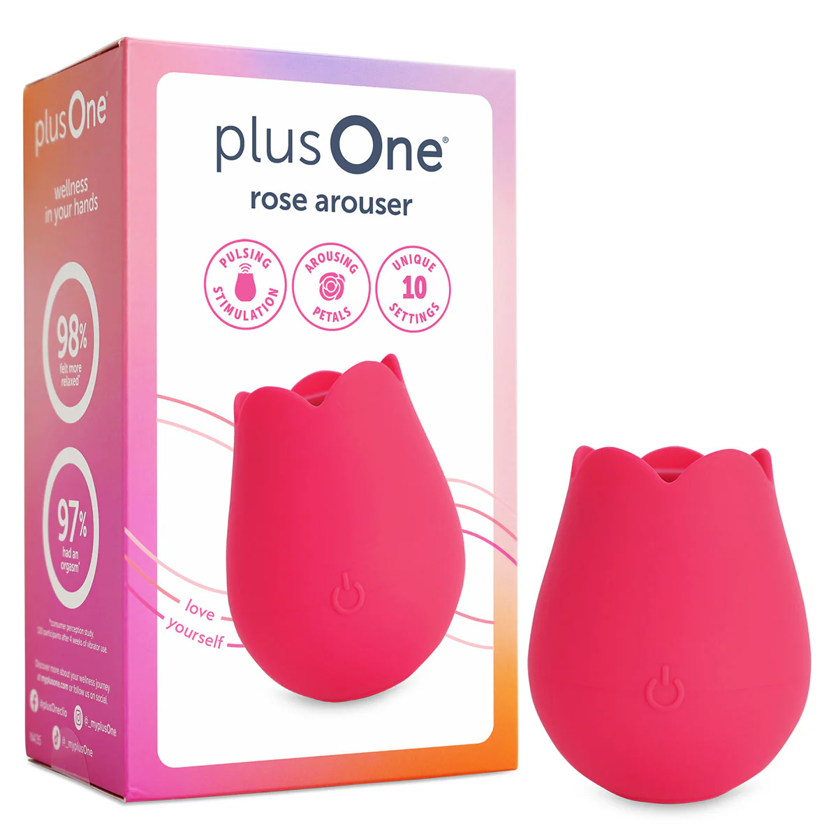 A pink rose-shaped clitoral stimulator with a power button.