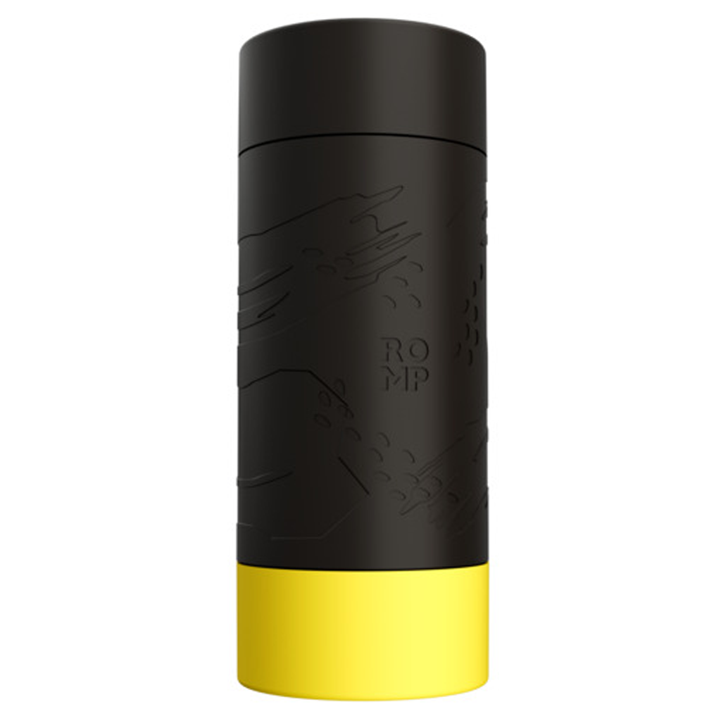 Black and yellow ROMP suction stroker with textured waves and text.