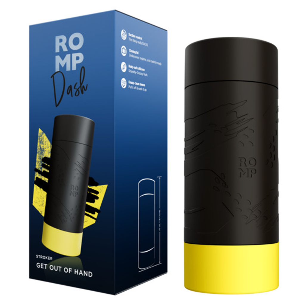 ROMP Dash stroker with a black textured sleeve and yellow base.