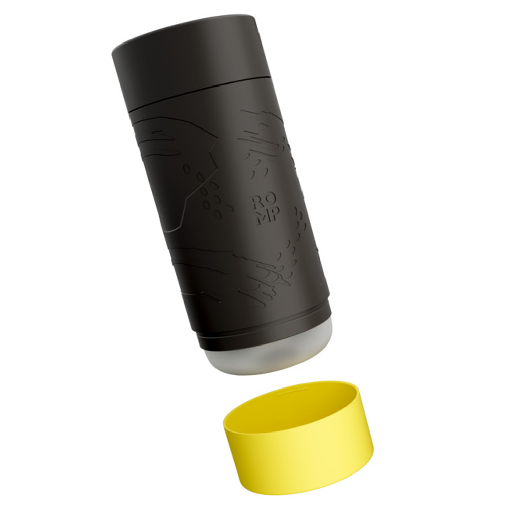 Black ROMP stroker with a yellow cap and TPE sleeve.
