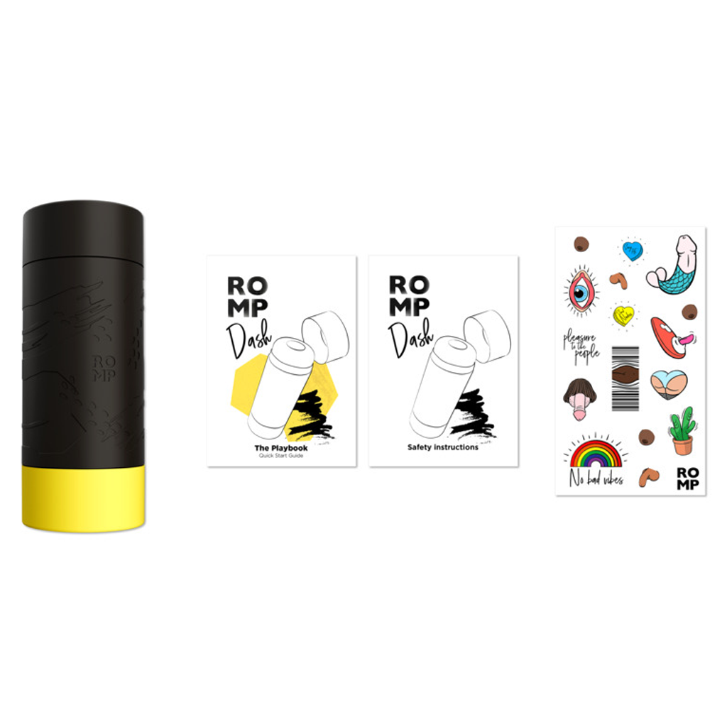 ROMP Dash manual suction stroker with TPE sleeve and included guides.