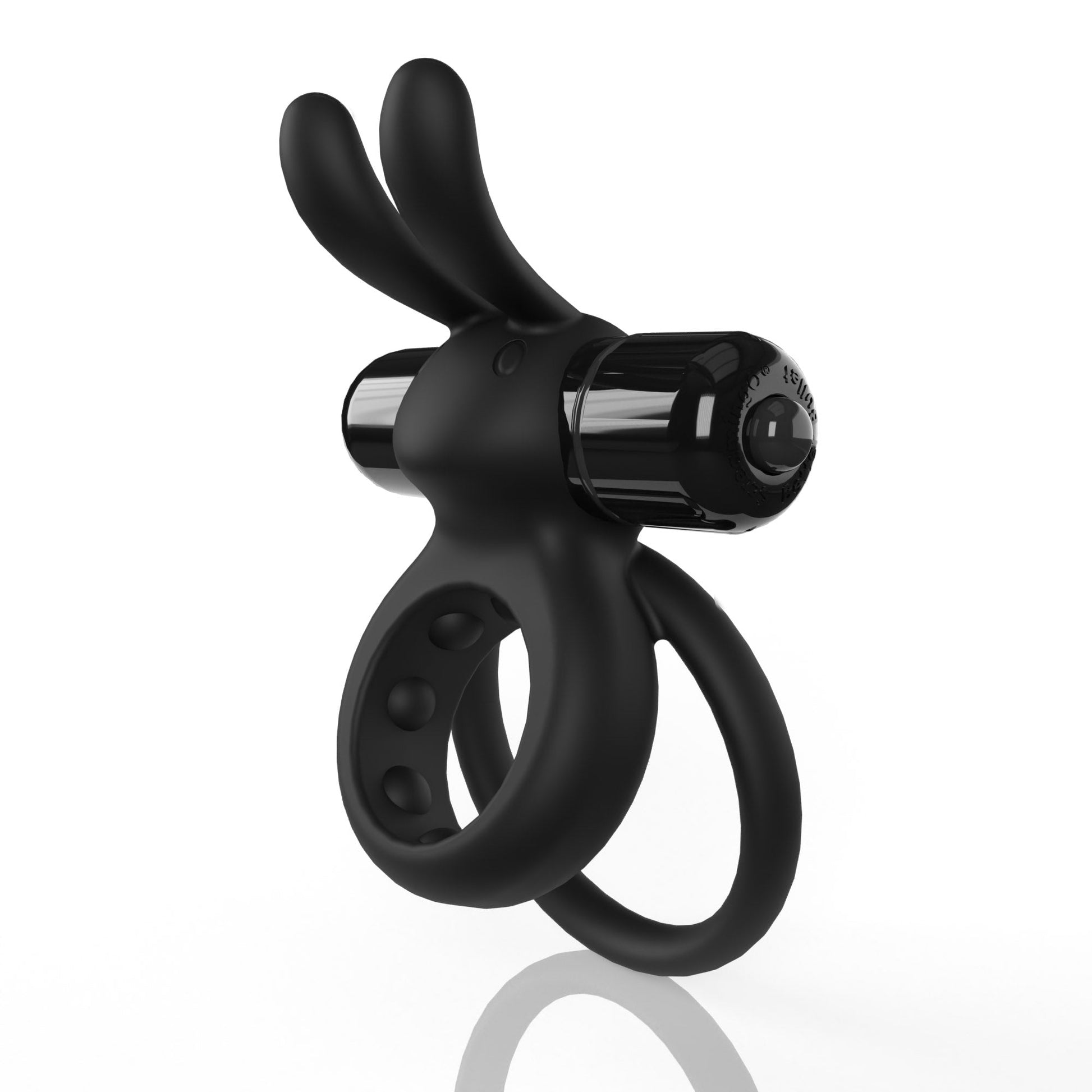 Black vibrating cock ring with bunny ears and textured inner surface.