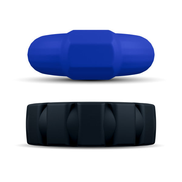 Blue and black silicone cock rings, one smooth and one textured.