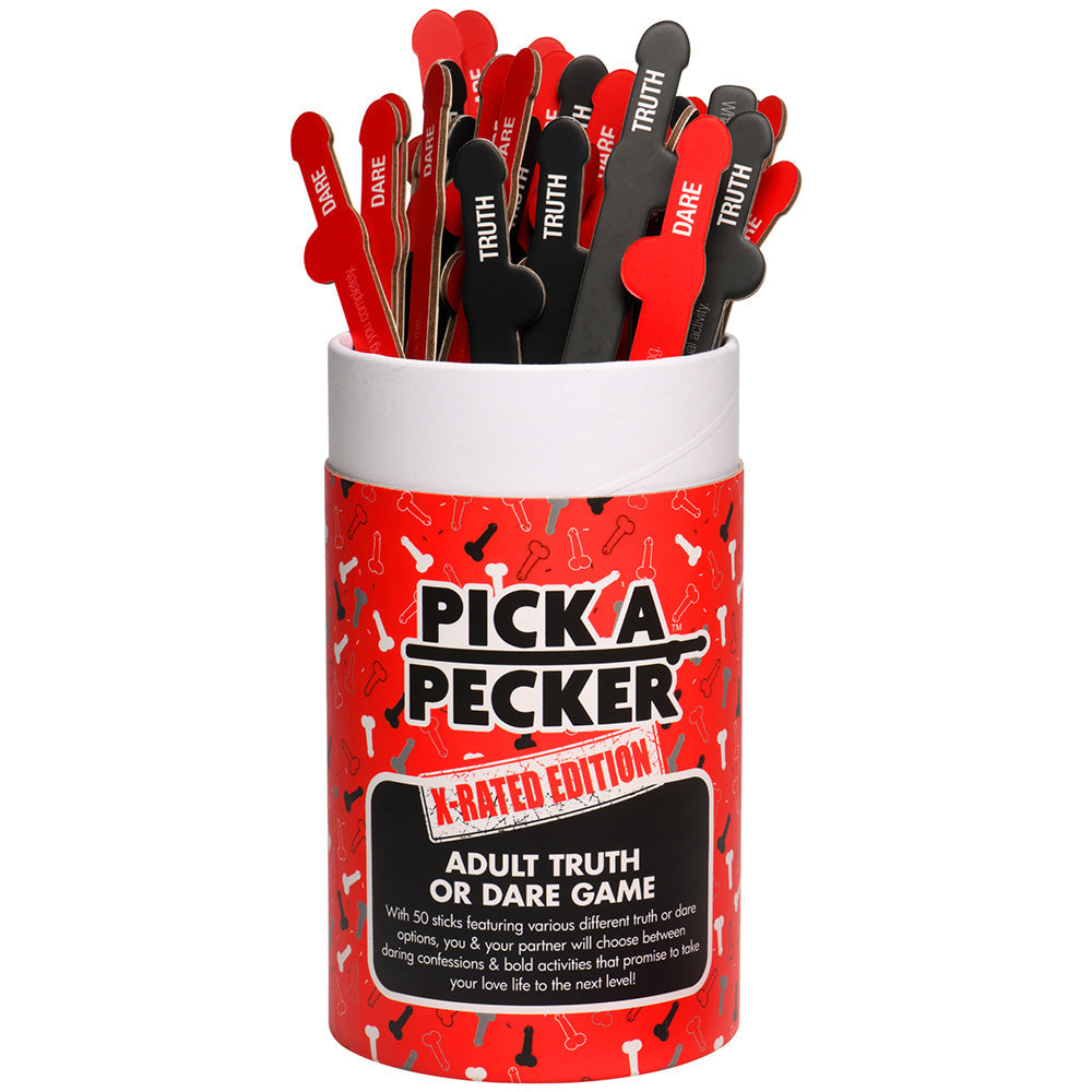 Pick A Pecker adult truth or dare game with red and black cards in a cylindrical container.