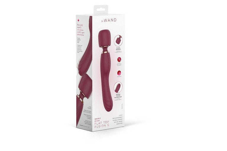 A burgundy Le Wand Flat Top Fusion G massager with a rounded head and textured tip.