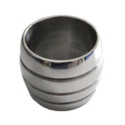 Stainless steel round cock ring with horizontal grooves.