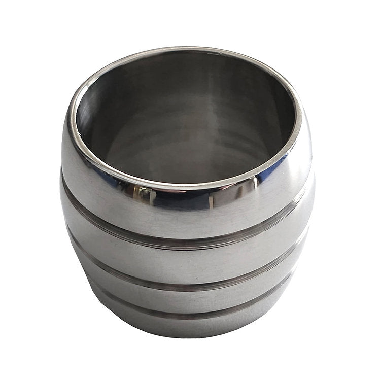 Stainless steel round cock ring with horizontal grooves.
