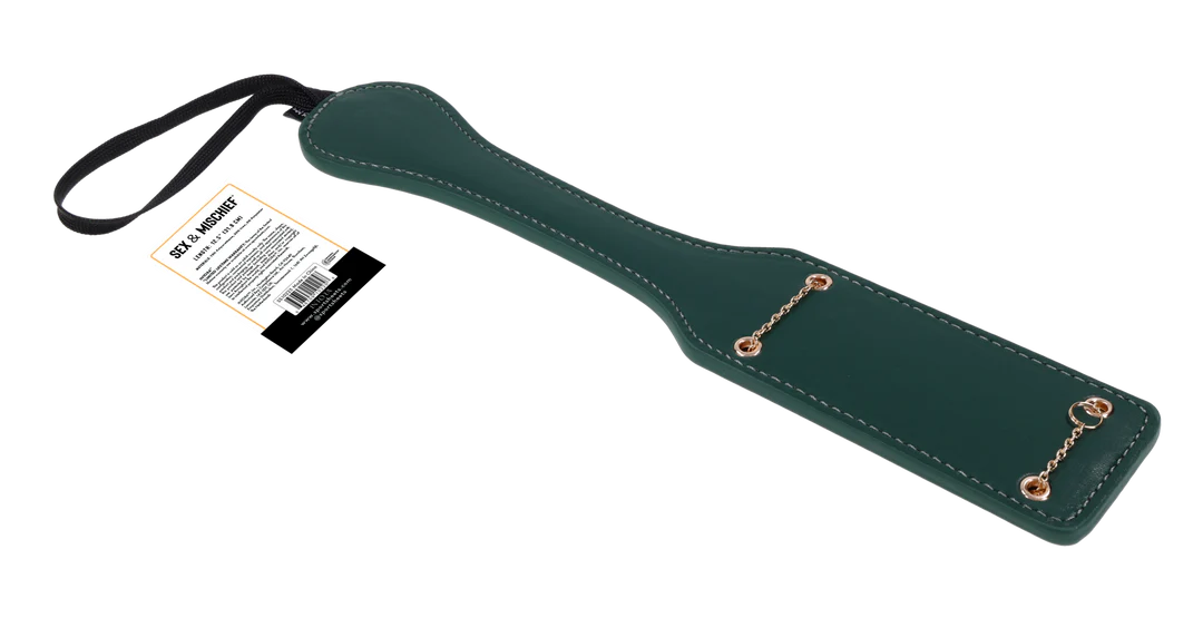 Emerald green faux leather paddle with gold chain accents and a wrist strap.