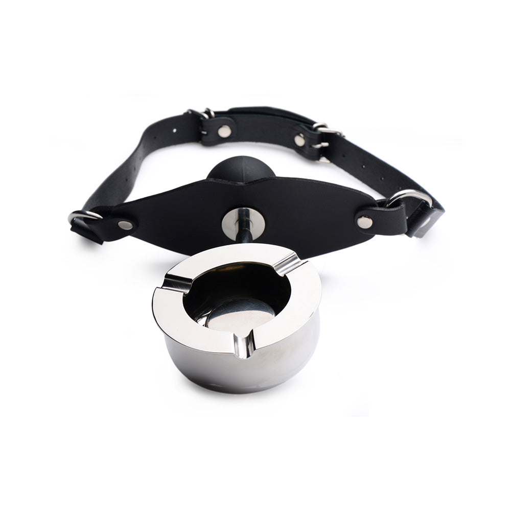 Leather ball gag with a detachable stainless steel ashtray.
