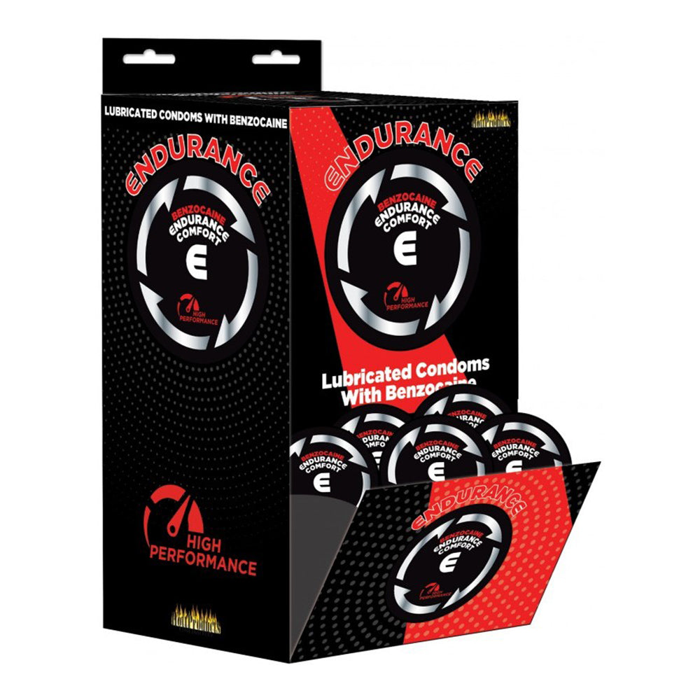 Endurance Lubricated Condoms with Benzocaine display box with individual condoms.