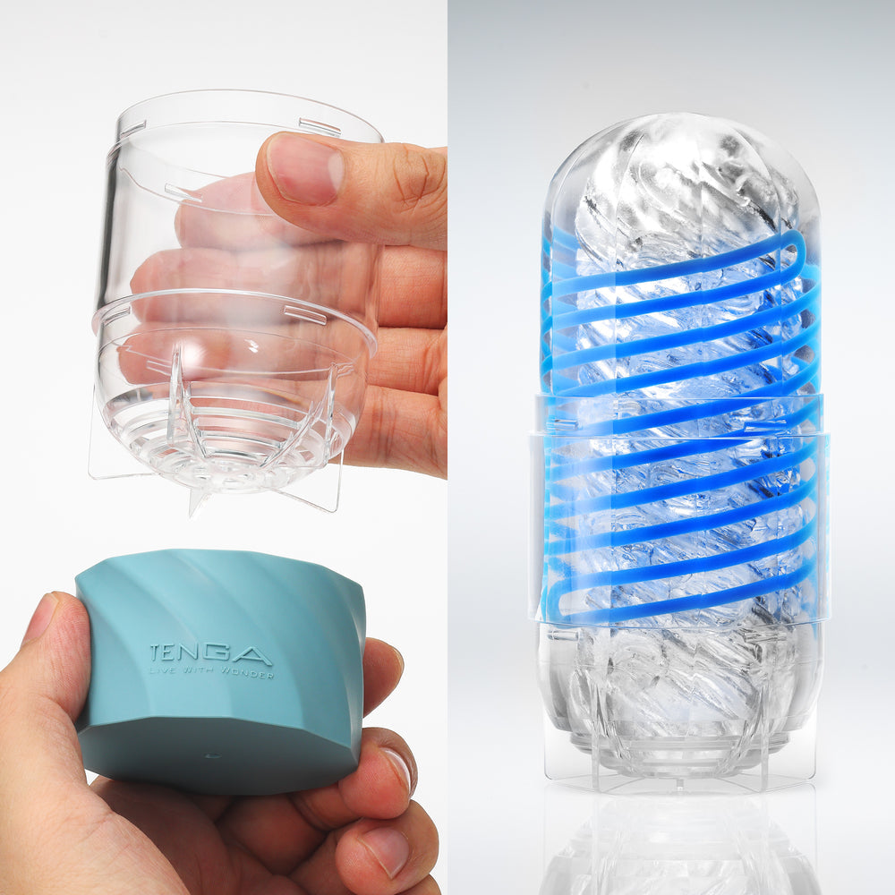 Tenga Spinner DX stroker with internal spiral and drying stand.