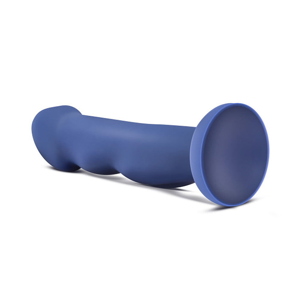 A blue silicone dildo with a flared base and textured shaft.
