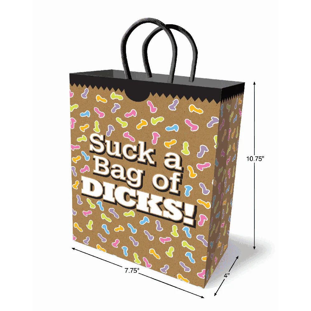 A brown gift bag with a repeating pattern of colorful phallic symbols and the text "Suck a Bag of Dicks!".