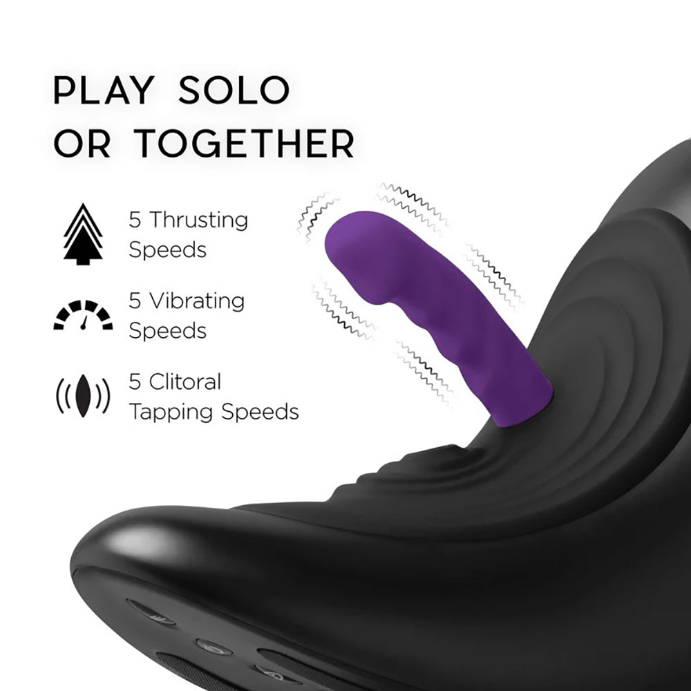 A purple vibrator attached to a black sex machine with text about speeds.