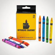 A box of "Offensive Crayons" with 24 assorted irreverent colors and several crayons displayed.