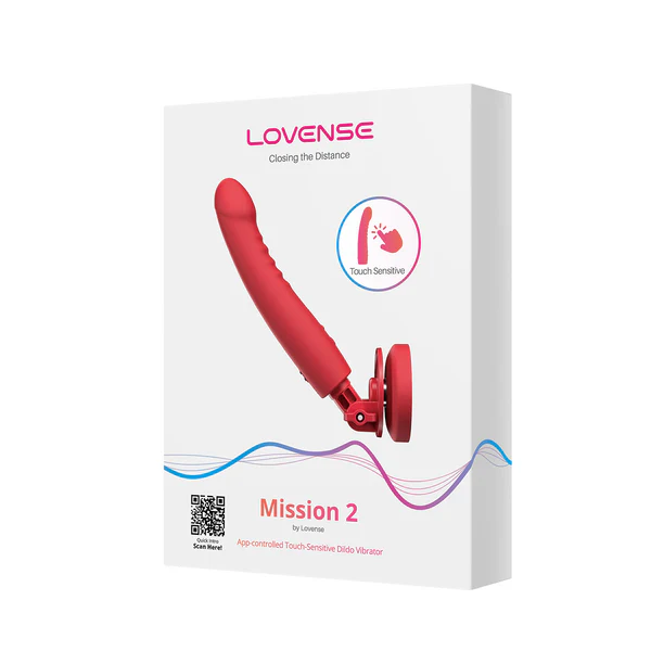 Lovense Mission 2 red app-controlled vibrating suction cup dildo.