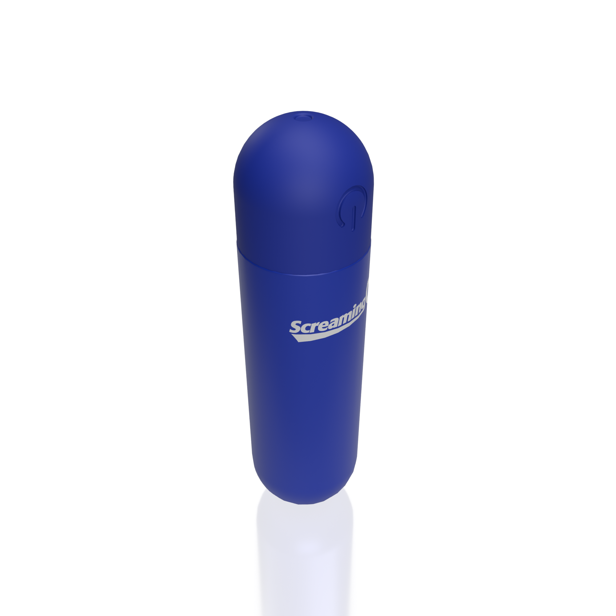Blue rechargeable bullet vibrator with "Screaming O" logo and power symbol.