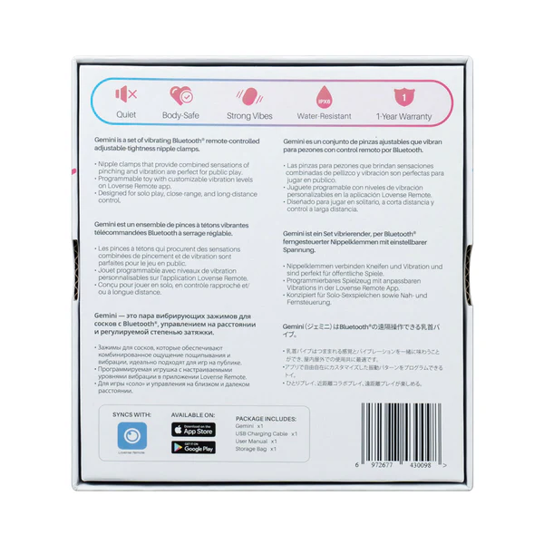 Gemini app-controlled vibrating nipple clamps with Bluetooth connectivity.