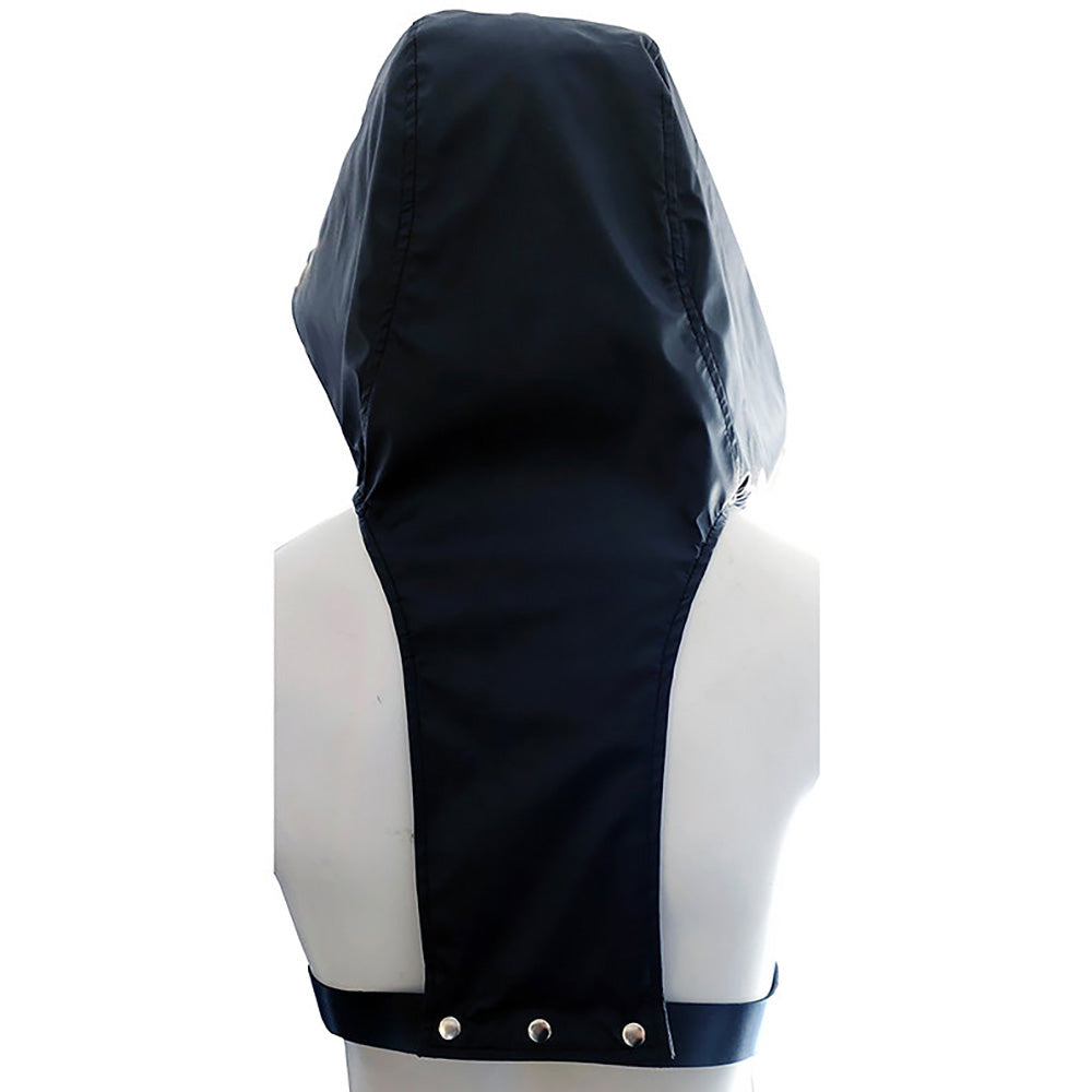 Black faux leather hoody harness with adjustable straps.