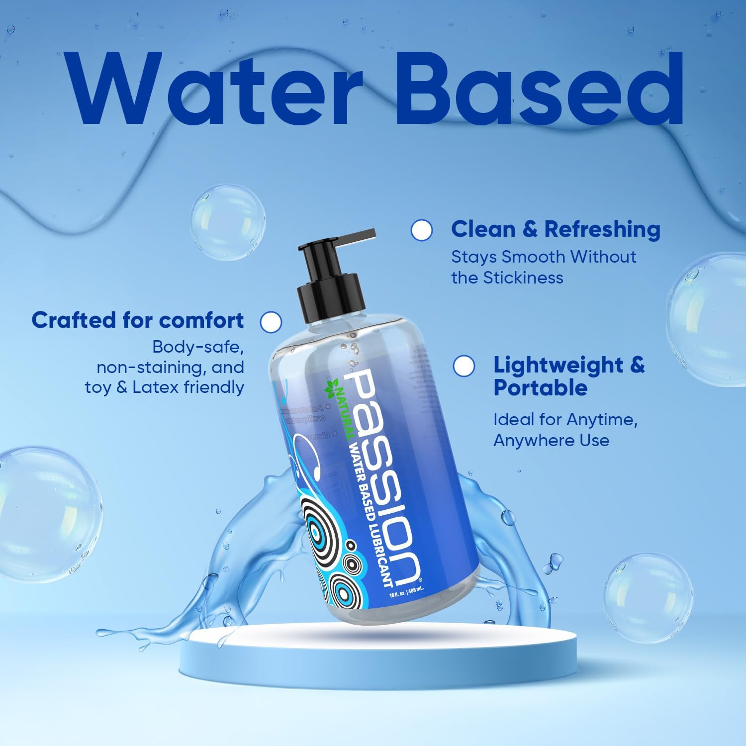 Passion Natural Water-Based Lubricant in a clear bottle with a pump dispenser.