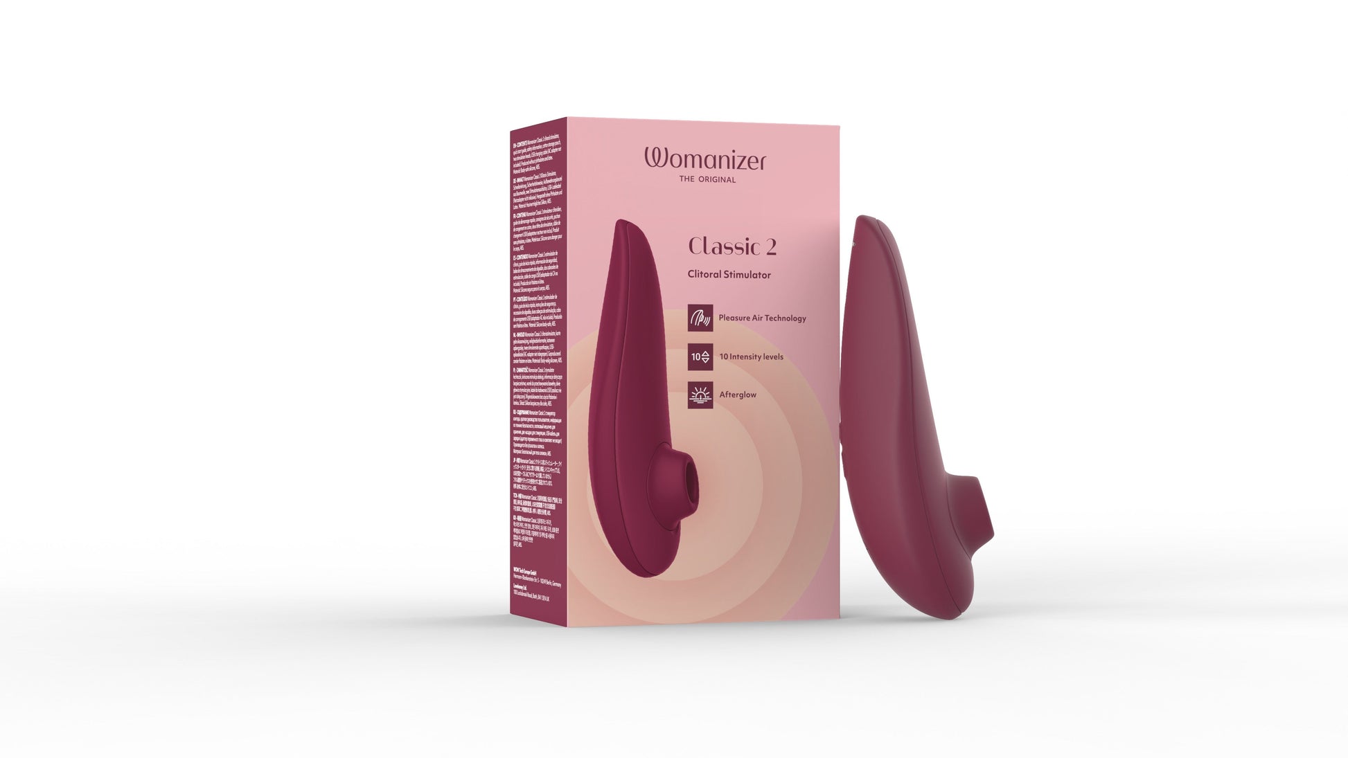 Womanizer Classic 2 clitoral stimulator in bordeaux, featuring Pleasure Air Technology and 10 intensity levels.